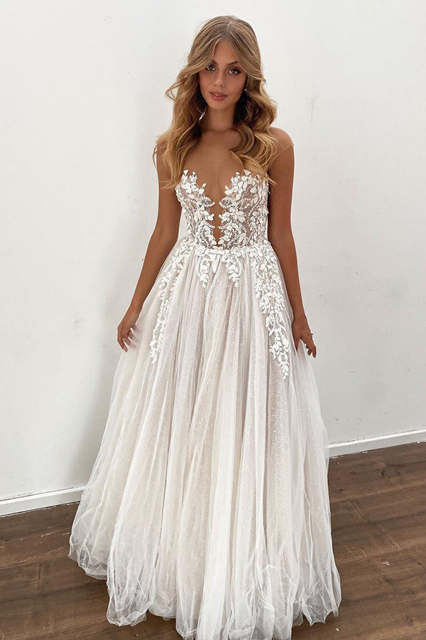 Romantic Floor-Length Sheer A-Line Wedding Dress with Tulle Appliques