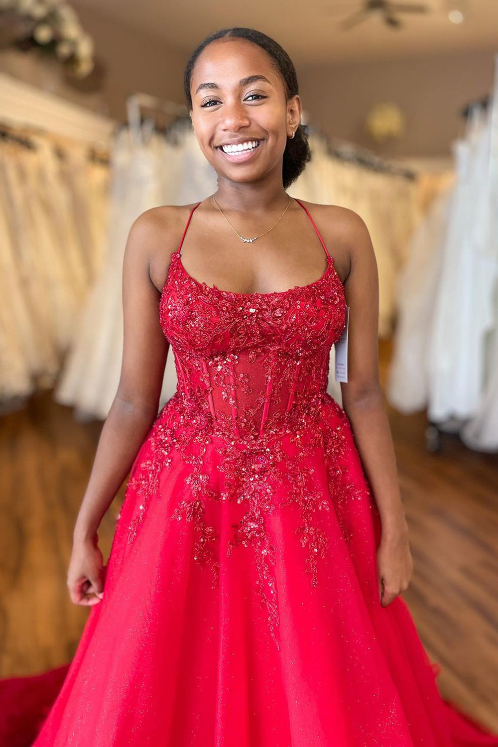 Hot Pink Sparkly Corset Prom Dress with Appliques and A-Line Spaghetti Straps