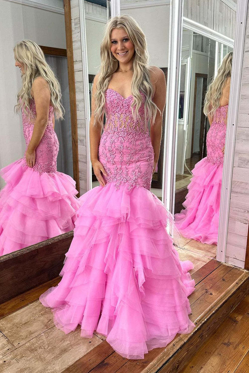 Pink Plus Size Mermaid Sweetheart Prom Dress Featuring Appliques
