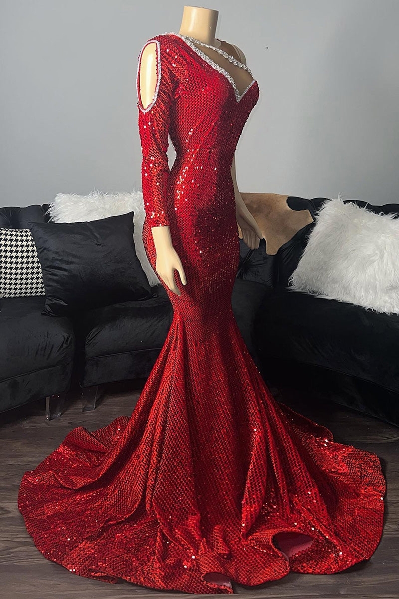 Stunning Red Sequins One Shoulder Long Sleeve Mermaid Evening Dress Long