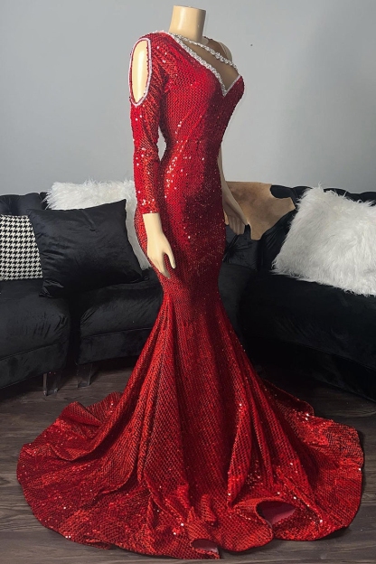 Stunning Red Sequins One Shoulder Long Sleeve Mermaid Evening Dress Long