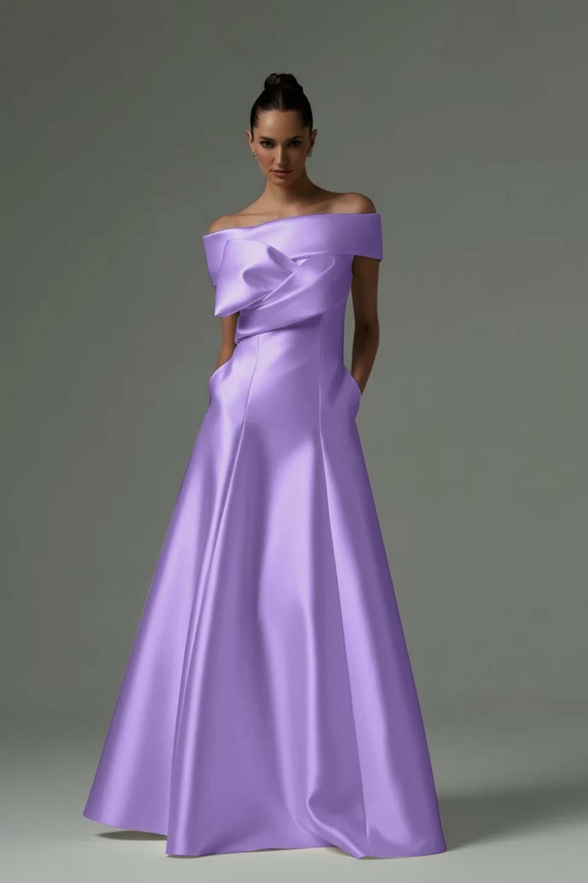 Off the Shoulder Sleeveless Long Formal Dress With Pleated Pocket