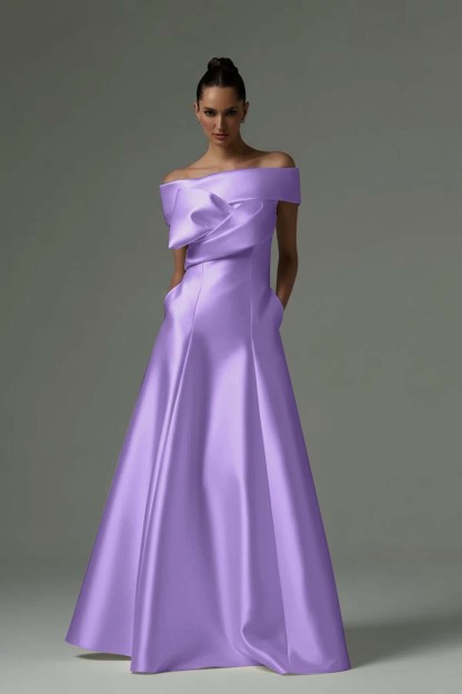 Off the Shoulder Sleeveless Long Formal Dress With Pleated Pocket