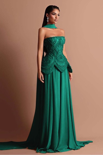 Strapless Sleeveless Long Formal Dress With Beading Pleated Wrap