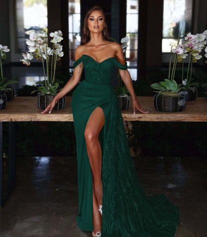 Light Blue Long Slit Mermaid Off-The-Shoulder Evening Dress With Sequins Ruffles