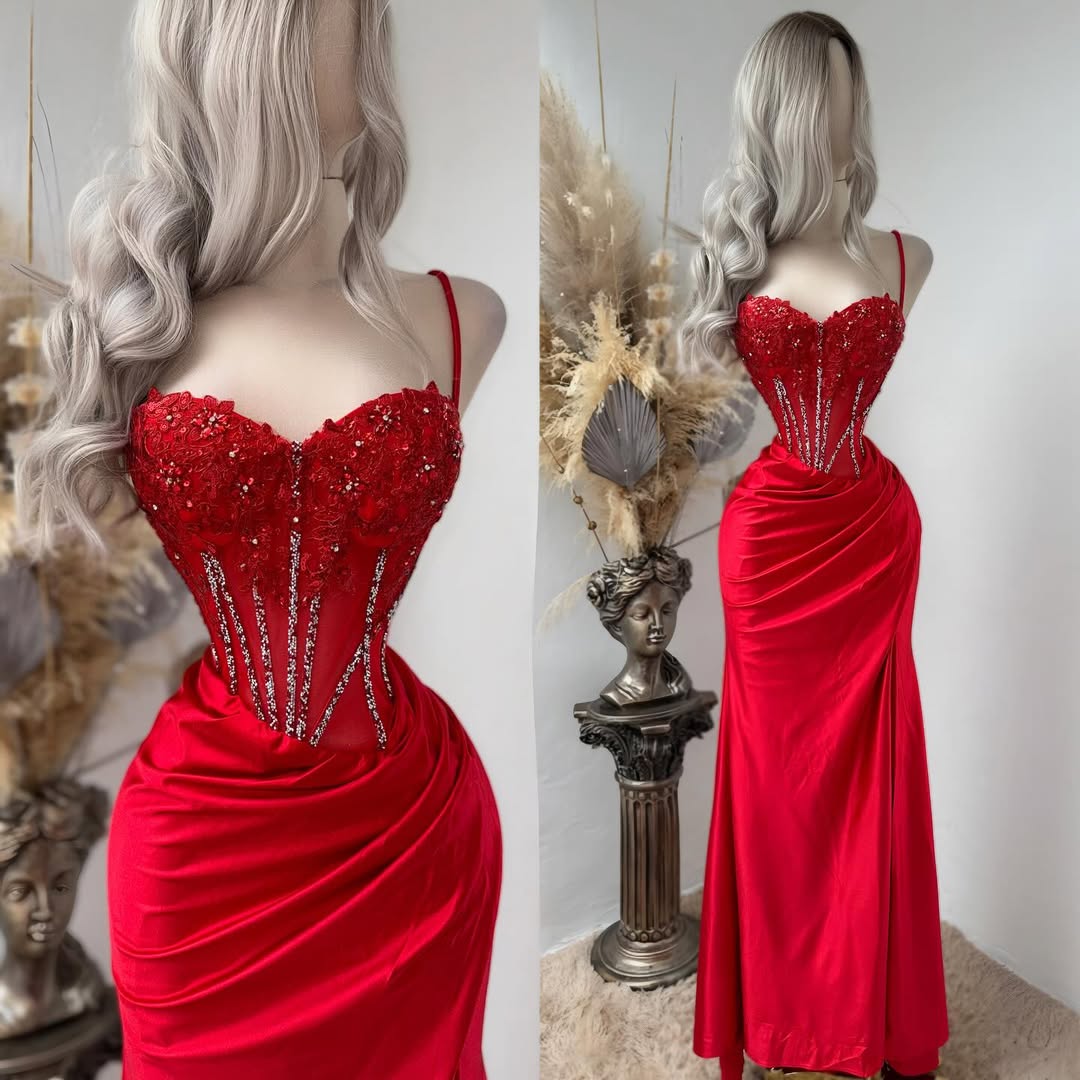 Red Exquisite Spaghetti-Straps Embroidery Split Evening Dress