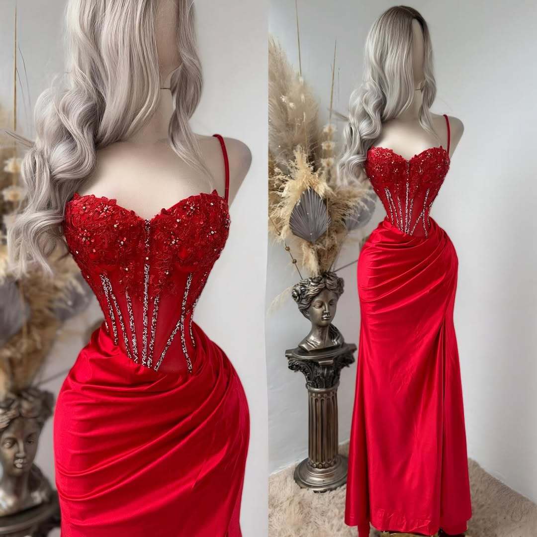 Red Exquisite Spaghetti-Straps Embroidery Split Evening Dress