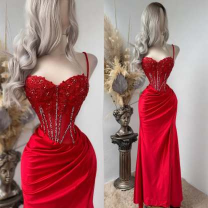 Red Exquisite Spaghetti-Straps Embroidery Split Evening Dress