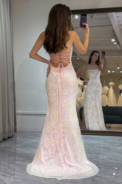 Elegant Pink Long Prom Dress with Chic Mermaid Silhouette and Criss Cross Back Spaghetti Straps