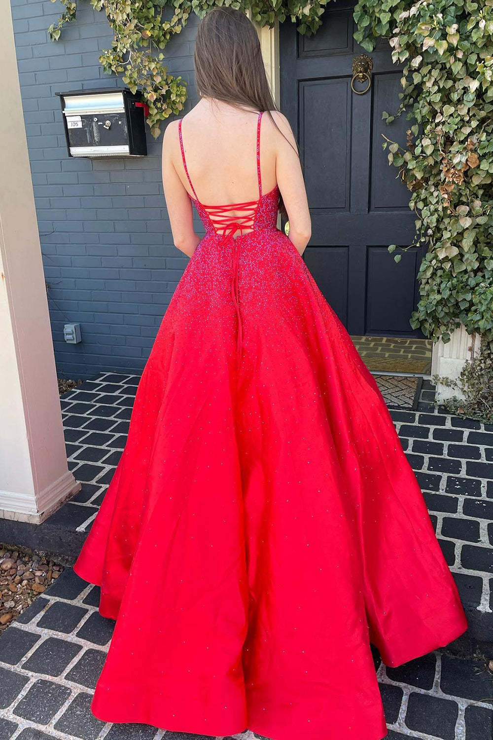 Red Long A-Line Prom Dress with Spaghetti Straps and Beading