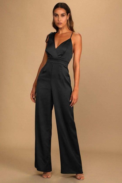 Retro Emerald Green Satin Asymmetrical Wide-Leg Jump Suit