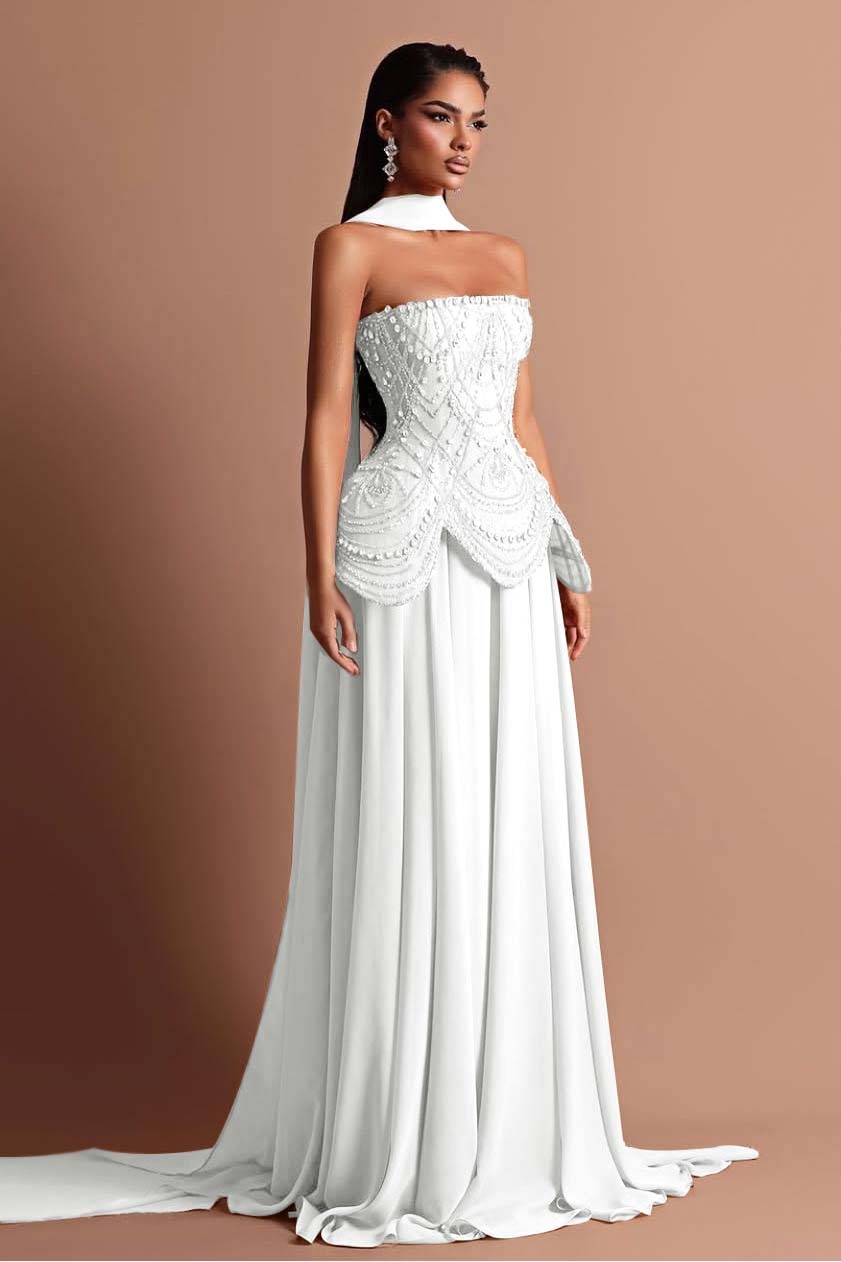 Strapless Sleeveless Long Formal Dress With Beading Pleated Wrap