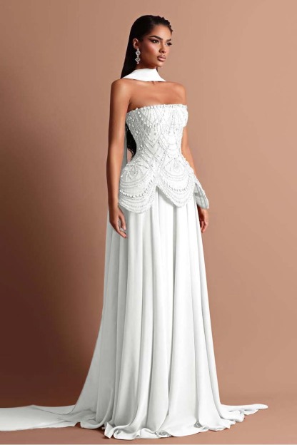 Strapless Sleeveless Long Formal Dress With Beading Pleated Wrap
