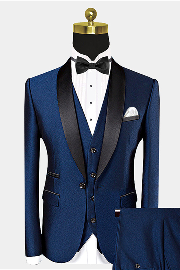 Dark Navy Blue Advanced Shawl-Lapel Wedding Suit with a Black Bow Tie