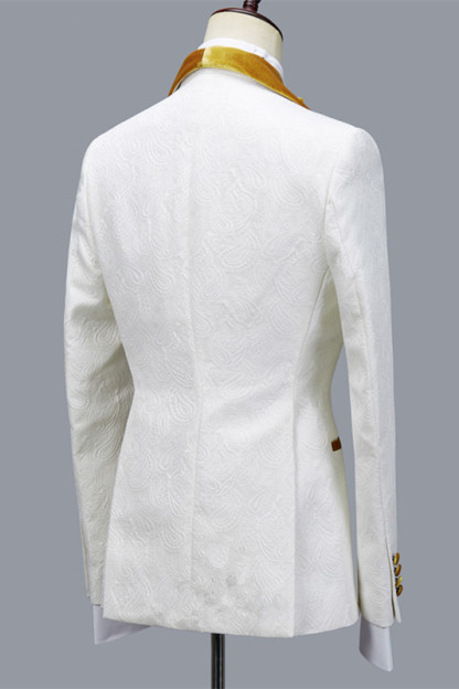 Cyrus Jacquard White Three-Piece Wedding Men's Suit with Velvet Lapel