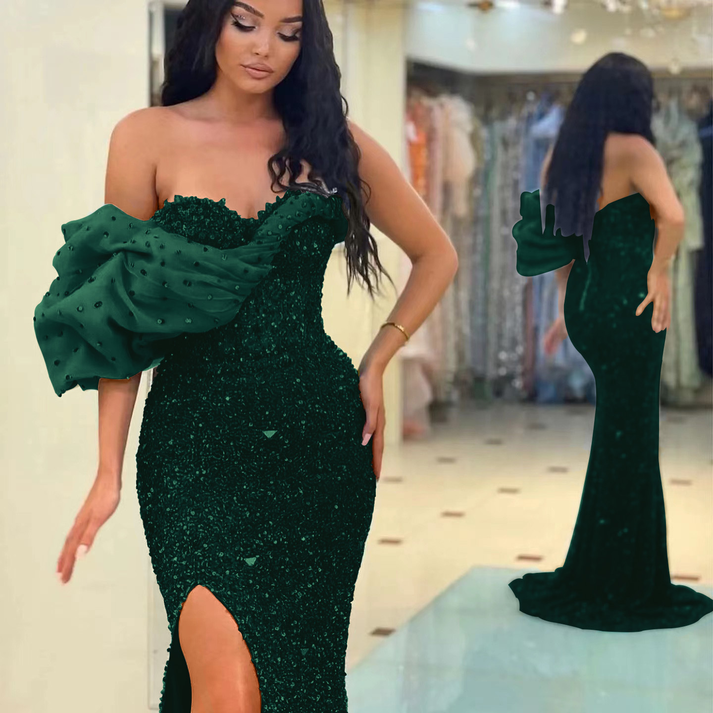 Gorgeous One Shoulder Mermaid Split Evening Dress With Sequins Sweetheart Off-The-Shoulder