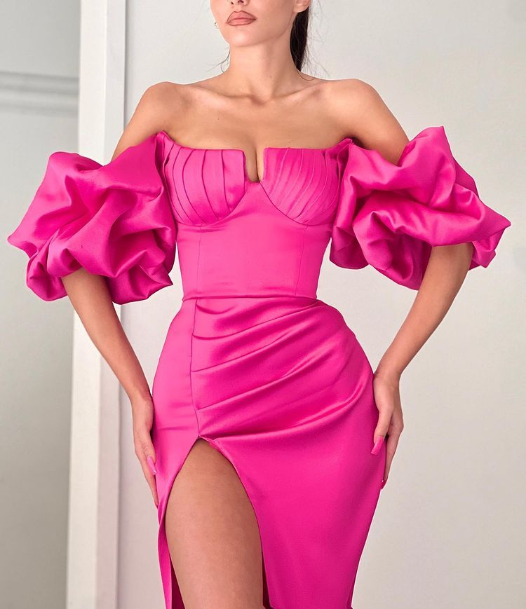 Fuchsia Strapless Mermaid Off-The-Shoulder Puff Sleeves Evening Dress With Split