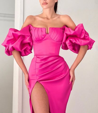 Fuchsia Strapless Mermaid Off-The-Shoulder Puff Sleeves Evening Dress With Split