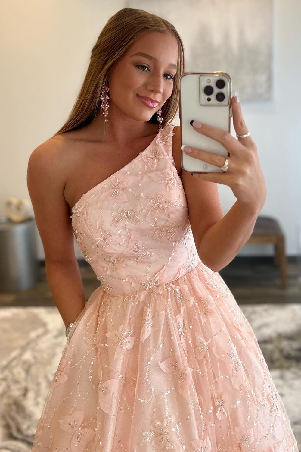 Prom Dress with One Shoulder and Appliques in Light Pink Featuring Pockets