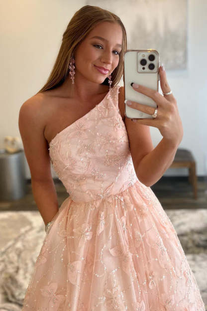 Prom Dress with One Shoulder and Appliques in Light Pink Featuring Pockets