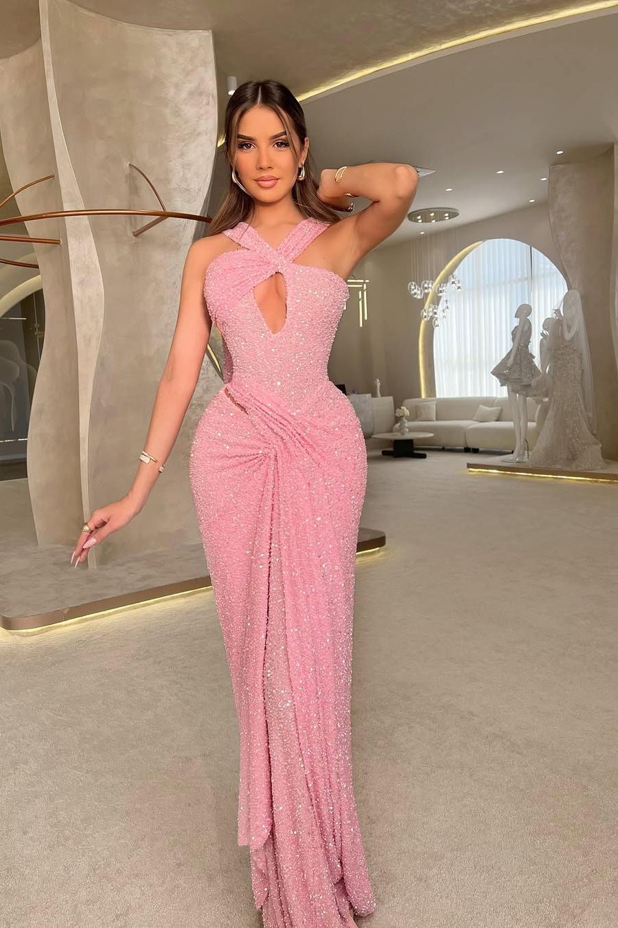 Halter Sequins Sleeveless Mermaid Long Formal Dress With Pleated
