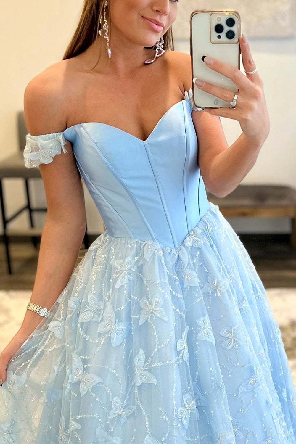 Off the Shoulder Long Prom Dress in Light Blue with Lace