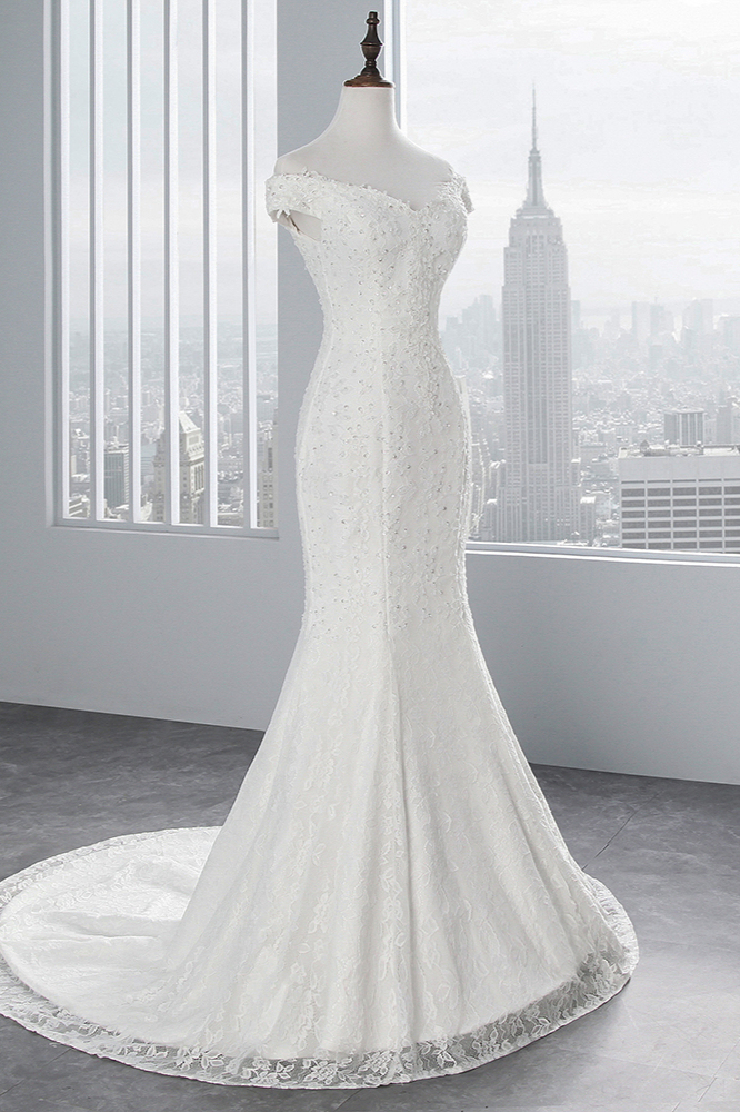 Off-the-Shoulder Floor-Length Long Mermaid Wedding Dress with Lace