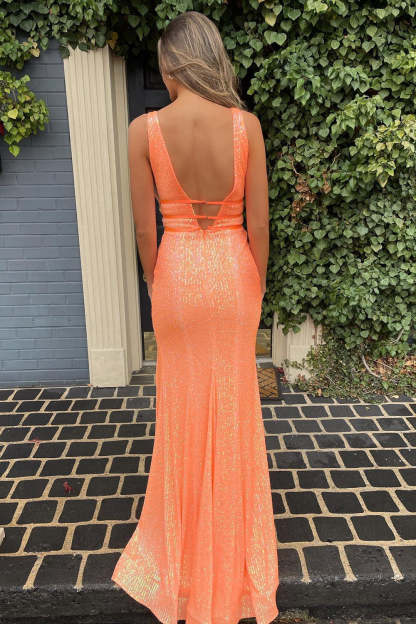 Long Orange Sequined Prom Dress with Deep V Neck and Front Split