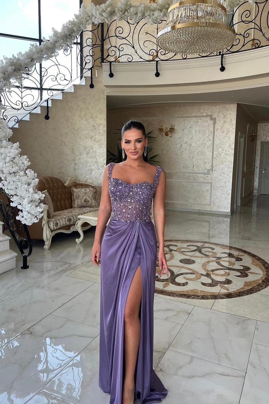 Spaghetti Strap Sleeveless Long Split Formal Dress With Beading