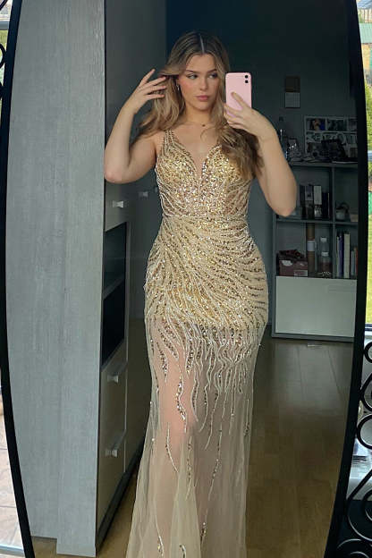 Golden Backless Prom Dress with Deep V Neck in Mermaid Style