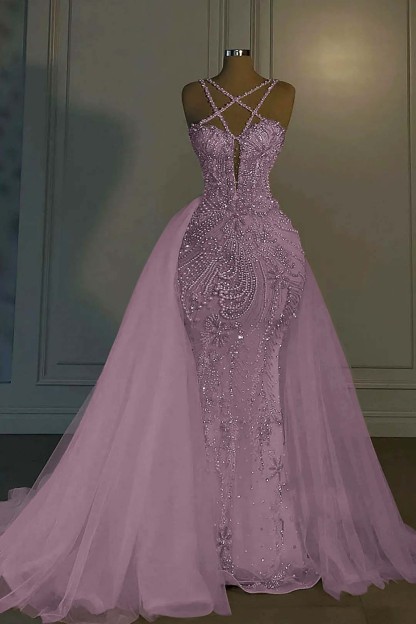 Halter Sleeveless Mermaid Long Formal Dress With Beading Tulle