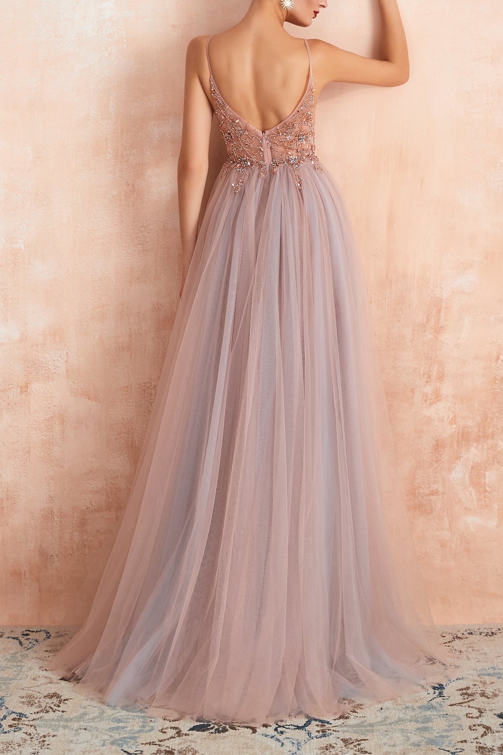 Long Pink Prom Dress with Spaghetti Straps and Slit
