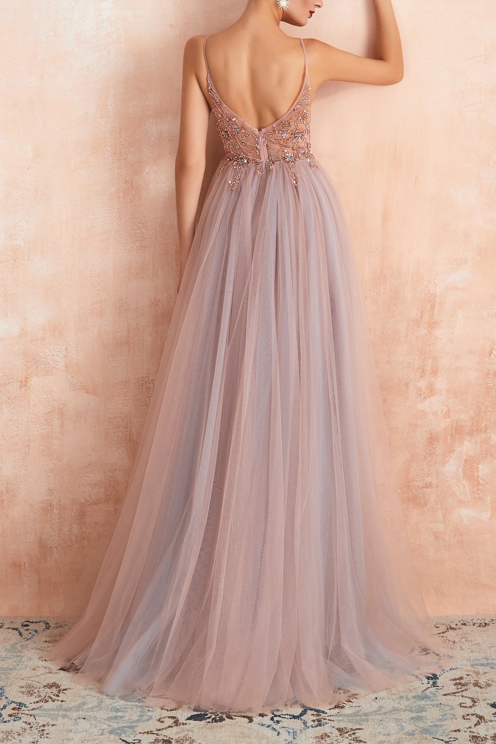 Long Pink Prom Dress with Spaghetti Straps and Slit