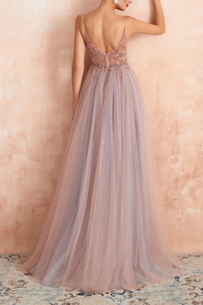Long Pink Prom Dress with Spaghetti Straps and Slit