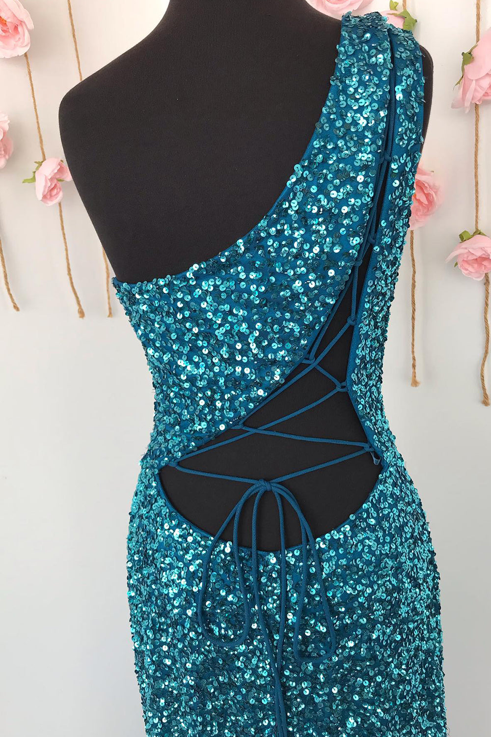 White Sequined Long Prom Gown with One Shoulder and Front Slit