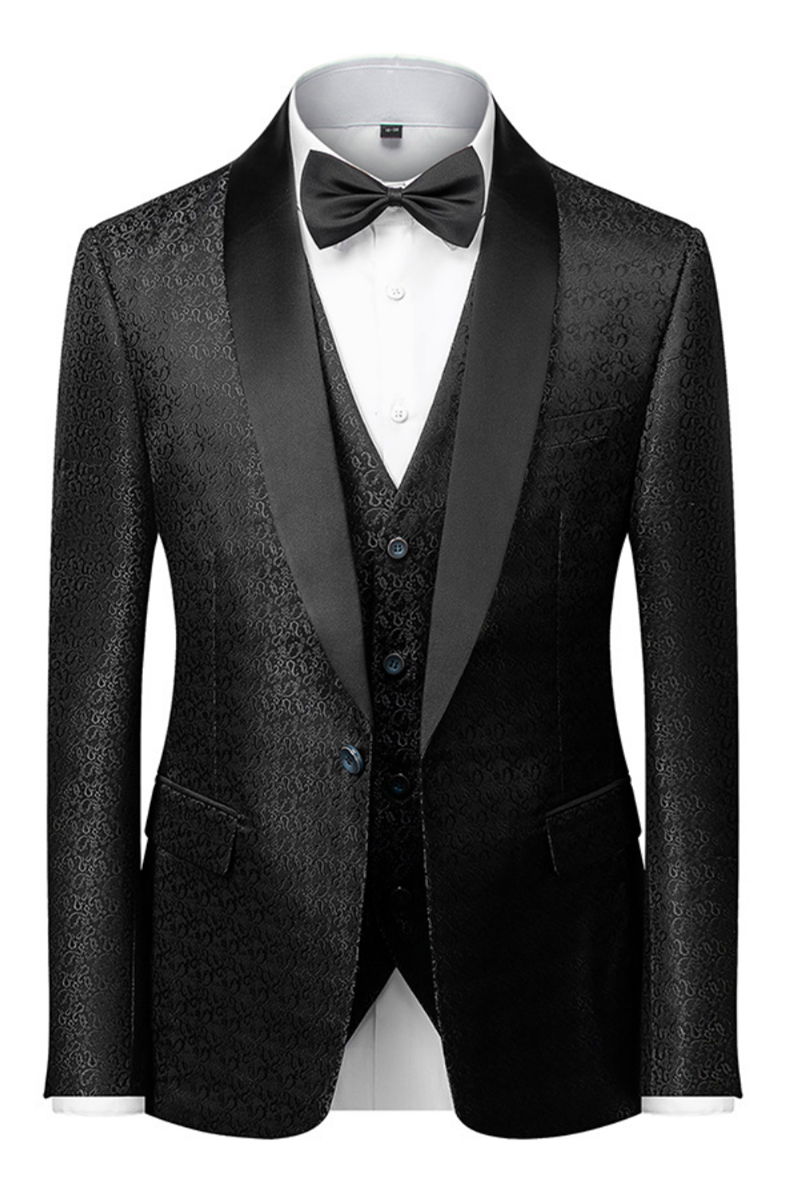 Modern One-Button Black Tuxedo Wedding Suit with Floral Jacquard