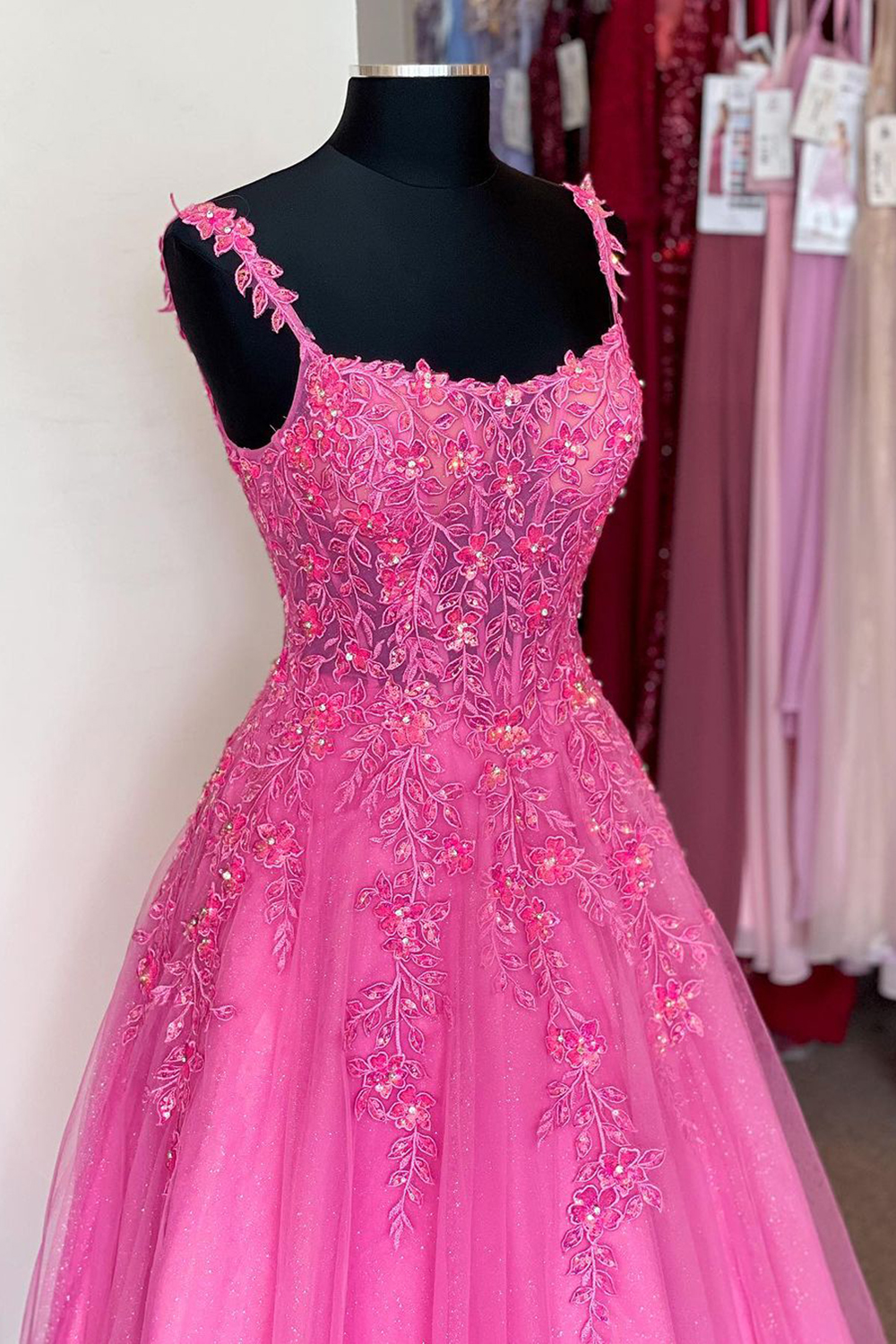 Elegant Hot Pink A-Line Prom Dress with Spaghetti Straps and Appliques