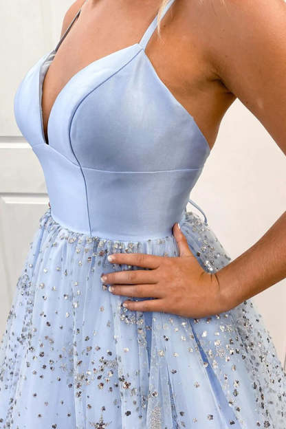Light Blue Long Prom Dress with Spaghetti Straps and Beading in A-Line Style
