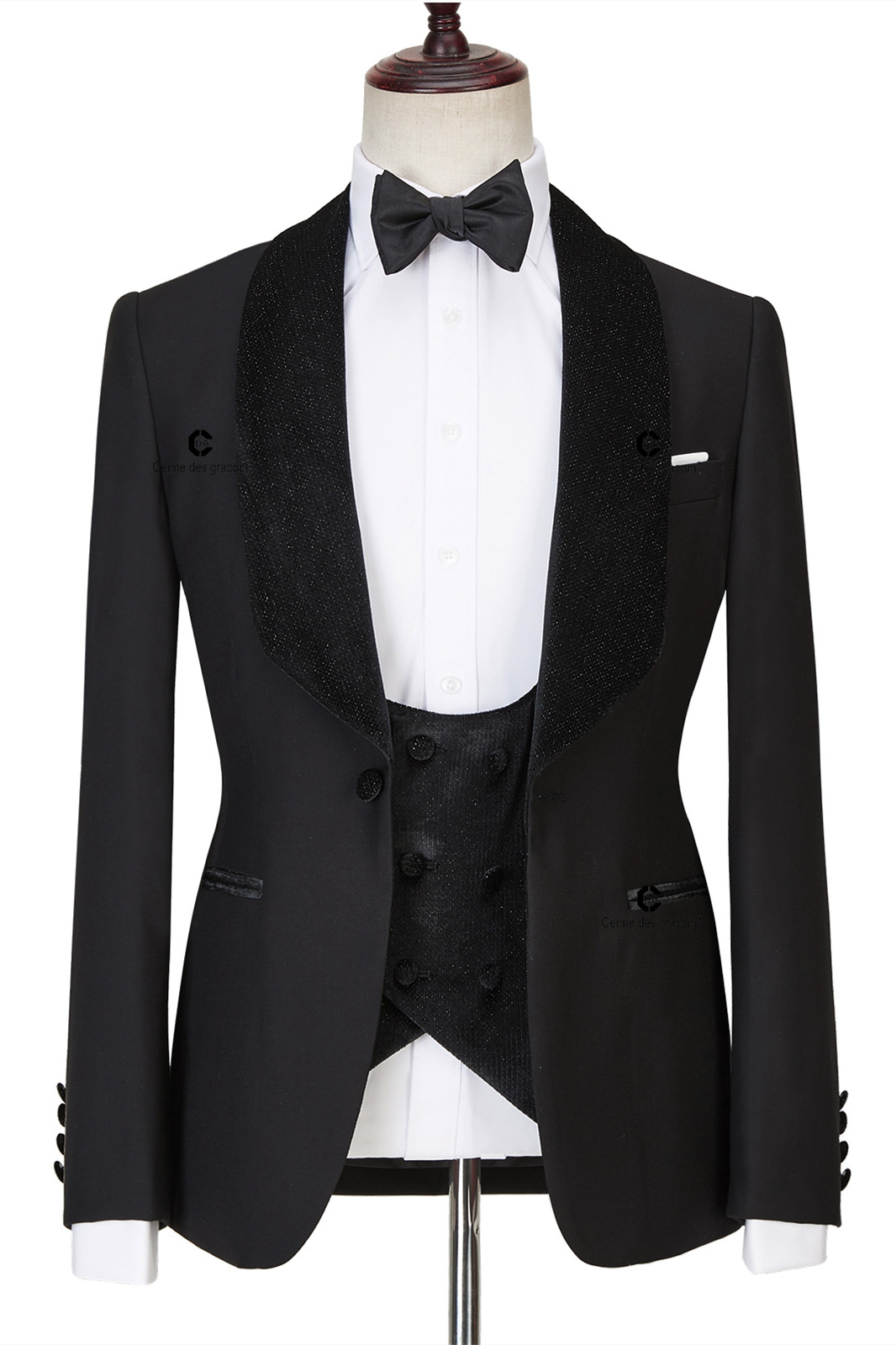 Modern Black Shawl Lapel Three-Piece Sparkle Men's Wedding Suits