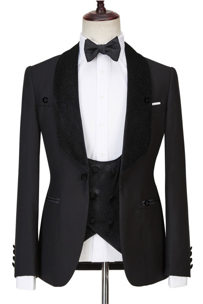Modern Black Shawl Lapel Three-Piece Sparkle Men's Wedding Suits