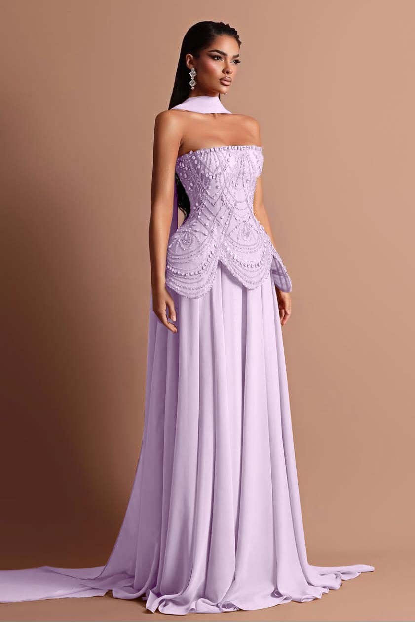 Strapless Sleeveless Long Formal Dress With Beading Pleated Wrap