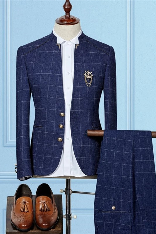 Shining Dark Navy Plaid Groom and Groomsmen Suits with Two Pieces
