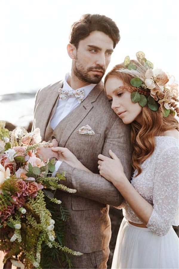 Classic Khaki Linen Summer Beach Men's Suits Three-Piece Groom Wedding Tuxedos