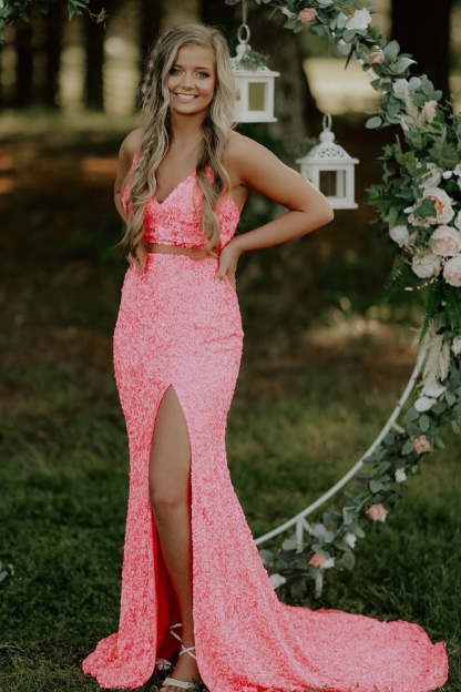 Orange Two-Piece Mermaid Prom Dress Featuring Sequins and a Slit
