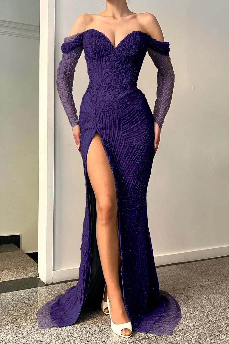 Blue Long Sleeves Off-The-Shoulder Sequins Evening Dress Sweetheart With Split Mermaid