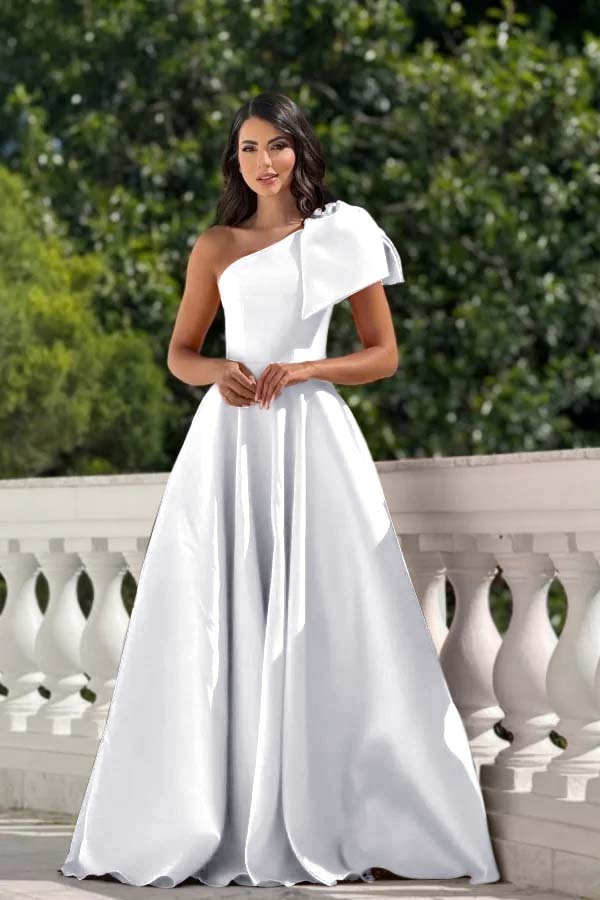 One Shoulder Sleeveless Long Formal Dress With Pleated Bowknot
