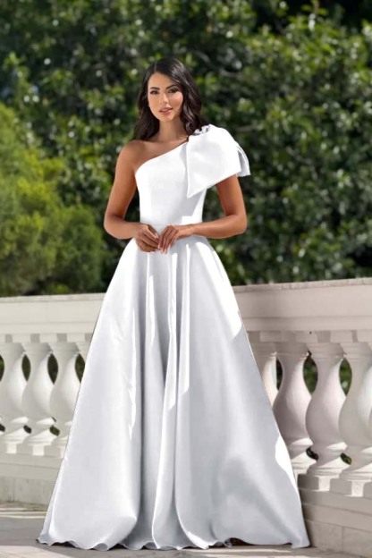 One Shoulder Sleeveless Long Formal Dress With Pleated Bowknot