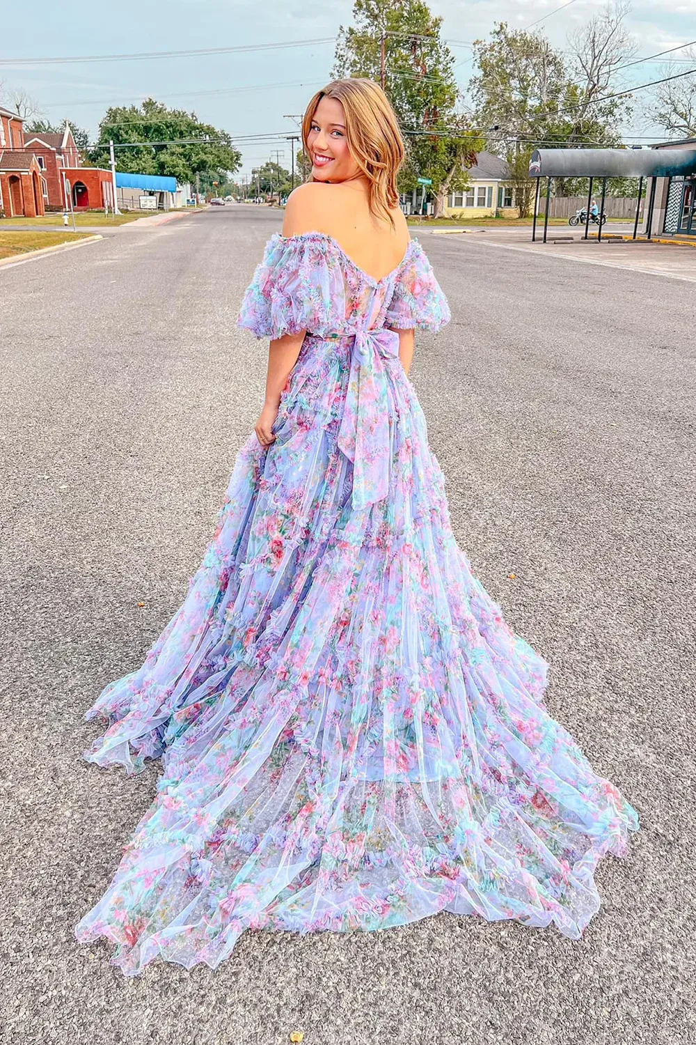 Elegant Pink Floral Printed Off-the-Shoulder Corset Prom Dress with Sweep Train