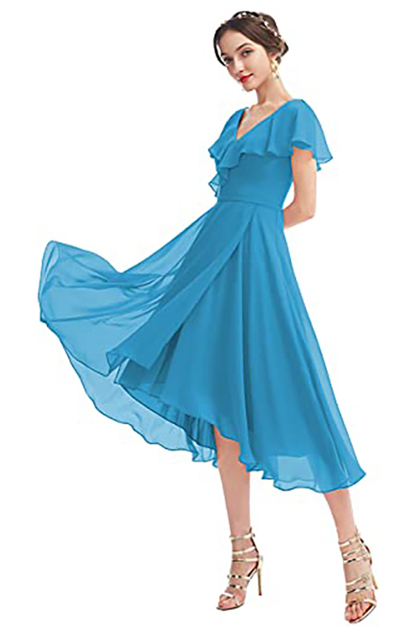V-Neck Short Sleeve Ruffles Bridesmaid Dress