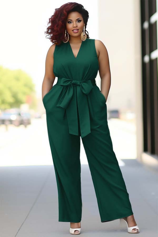 Pool Blue V-Neck Sleeveless Jump Suit With Bow Belt